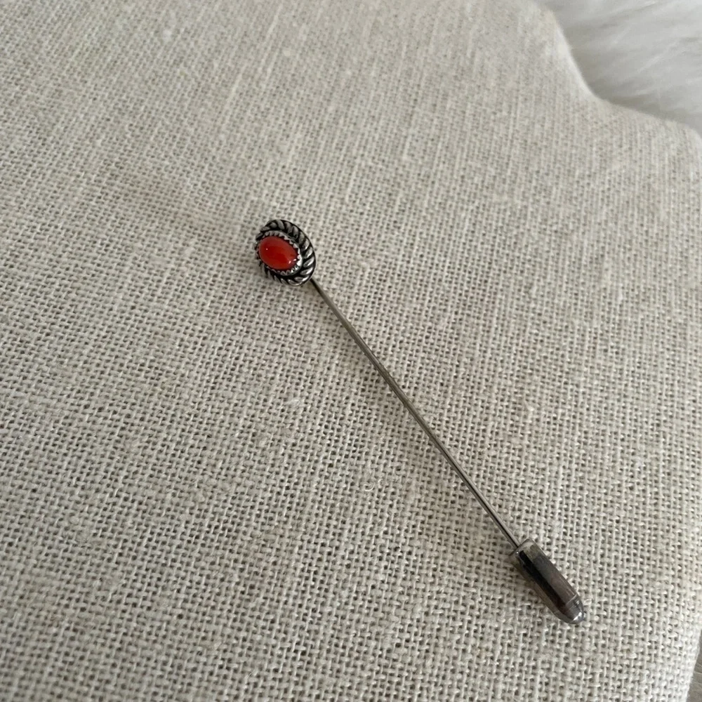 Vintage Sterling Silver Coral Old Pawn Stick Hat Scarf Pin brooch